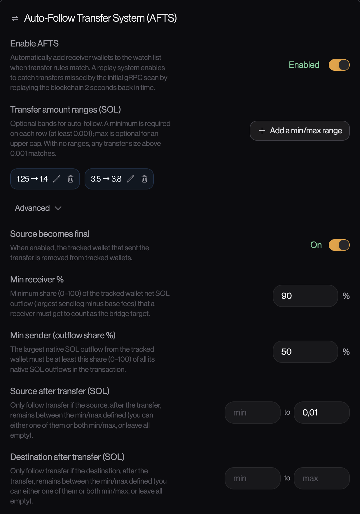 Formulaire strategy : section Auto-Follow Transfer System avec Enable AFTS, ranges SOL, retrait de source, wallet always kept, et Advanced ouvert