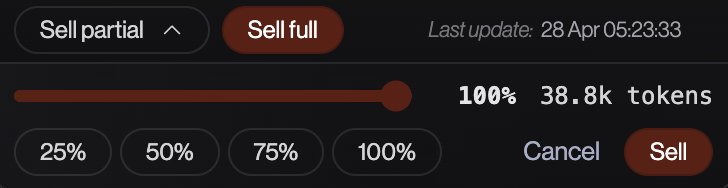 Contrôles partial sell avec percentage slider, presets, cancel et sell buttons