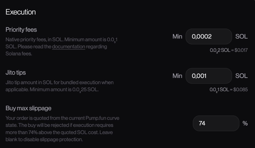 Section Execution avec priority fees, Jito tips et buy max slippage